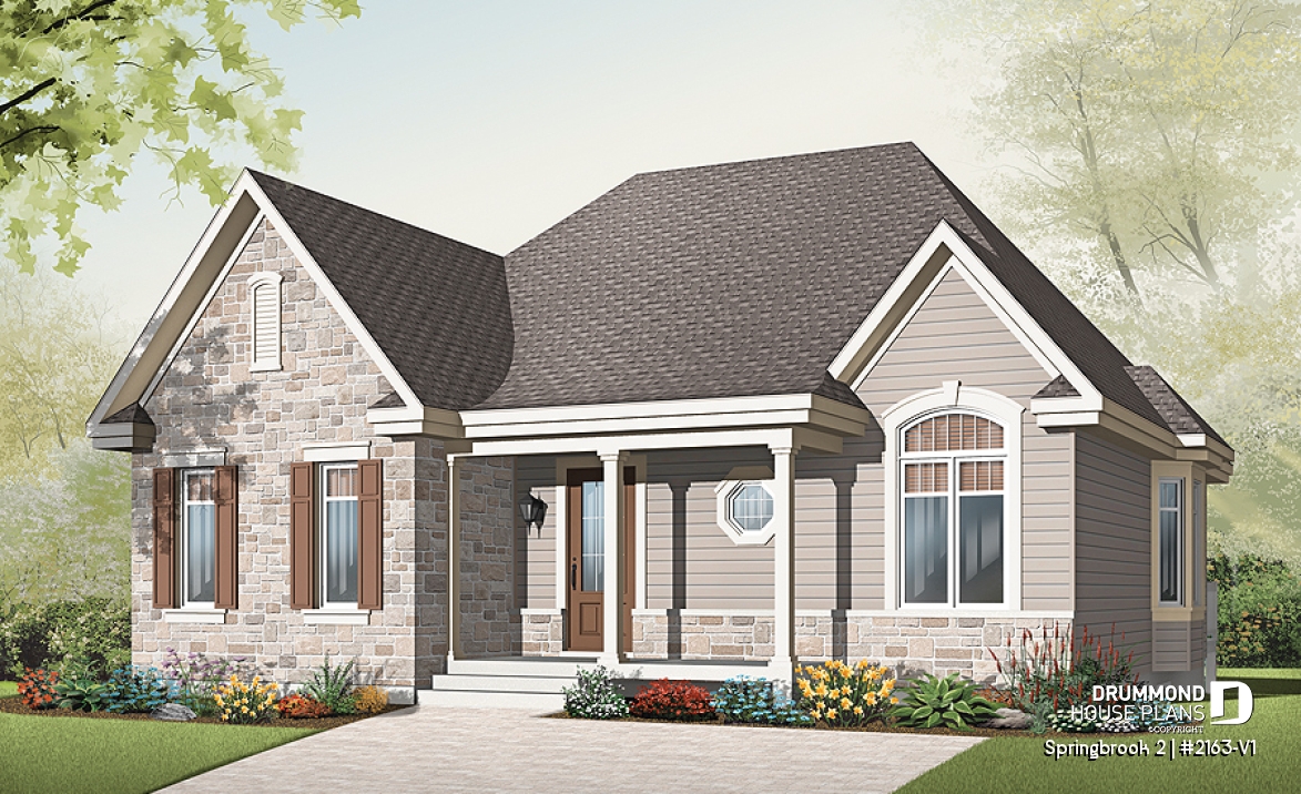front - BASE MODEL - Affordable Ranch house plan with open floor plan and double sided fireplace - Springbrook 2