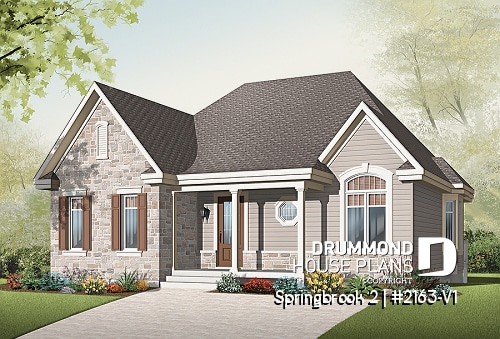 front - BASE MODEL - Affordable Ranch house plan with open floor plan and double sided fireplace - Springbrook 2