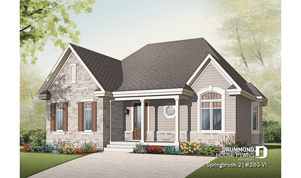 front - BASE MODEL - Affordable Ranch house plan with open floor plan and double sided fireplace - Springbrook 2