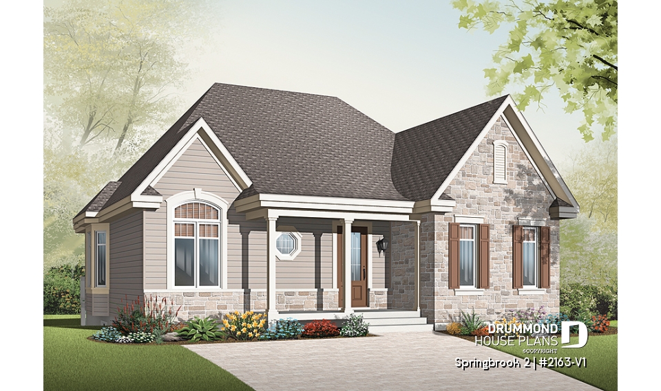 front - BASE MODEL - Affordable Ranch house plan with open floor plan and double sided fireplace - Springbrook 2
