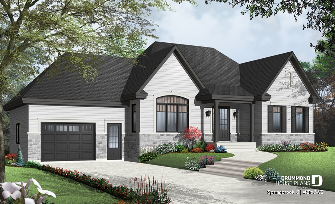 Color version 5 - Front - Country Rustic style ranch bungalow house plan with open floor plan, office and large garage - Springbrook 3