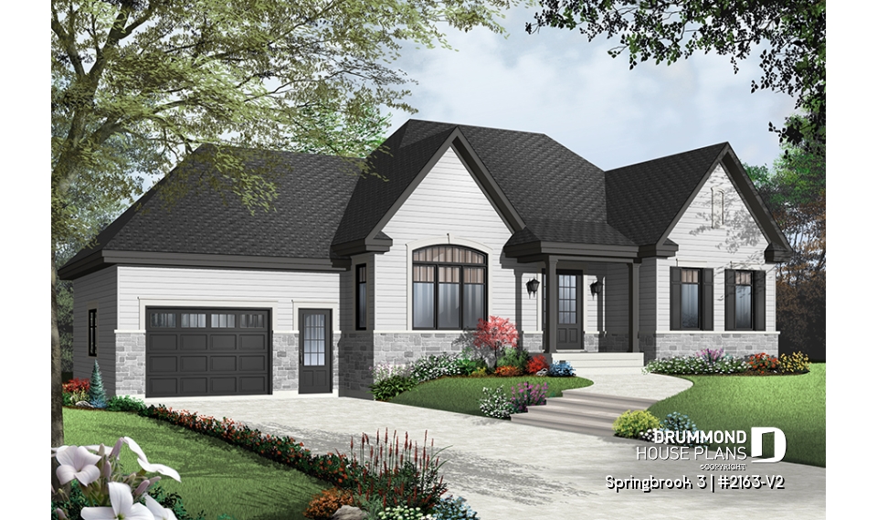 Color version 5 - Front - Country Rustic style ranch bungalow house plan with open floor plan, office and large garage - Springbrook 3