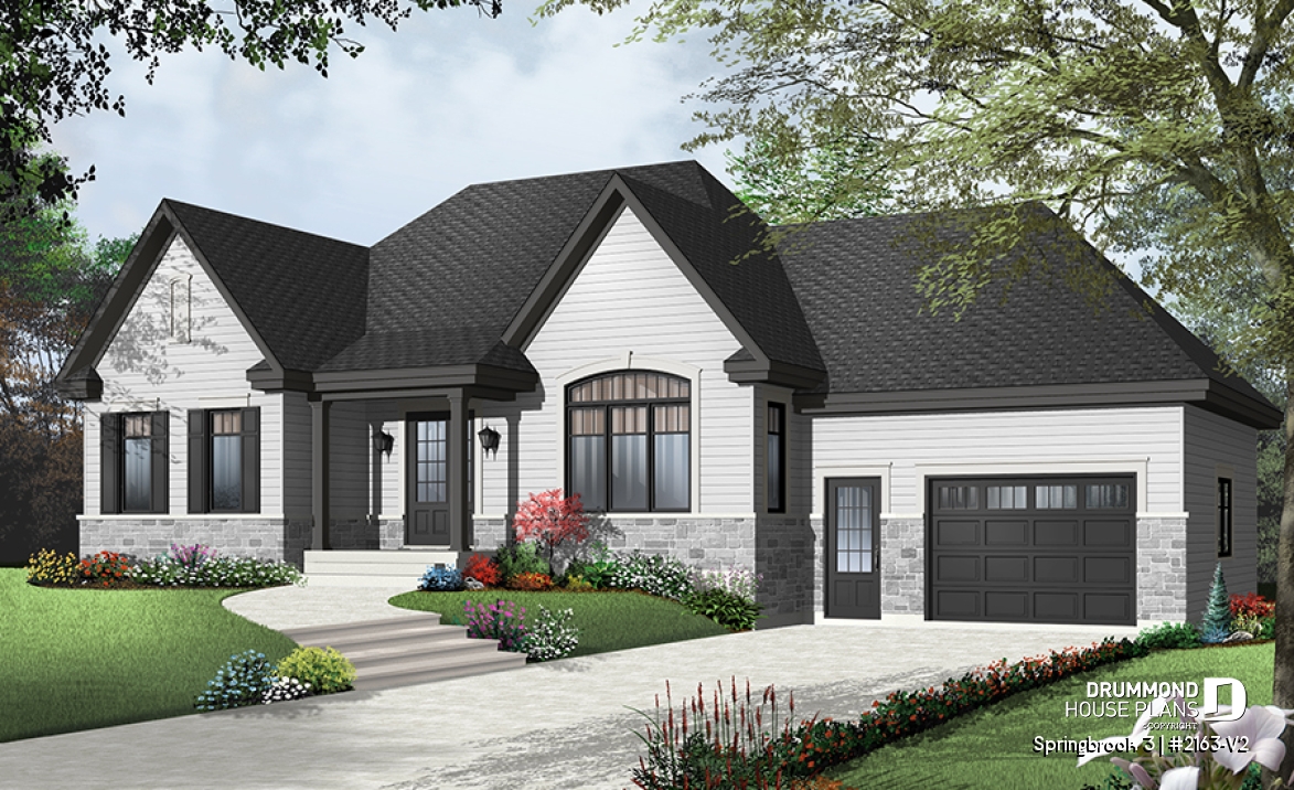 Color version 5 - Front - Country Rustic style ranch bungalow house plan with open floor plan, office and large garage - Springbrook 3