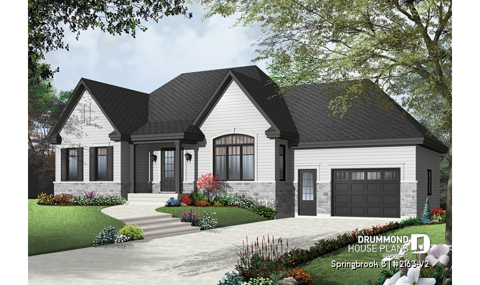 Color version 5 - Front - Country Rustic style ranch bungalow house plan with open floor plan, office and large garage - Springbrook 3