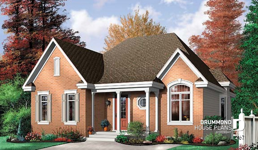 front - BASE MODEL - Budget friendly ranch style house plan with 2 bedrooms, ideal for narrow lot. - Sauternos