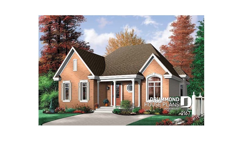 front - BASE MODEL - Budget friendly ranch style house plan with 2 bedrooms, ideal for narrow lot. - Sauternos