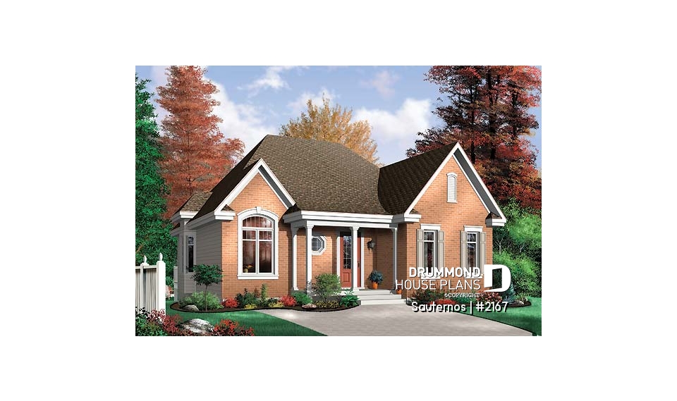 front - BASE MODEL - Budget friendly ranch style house plan with 2 bedrooms, ideal for narrow lot. - Sauternos