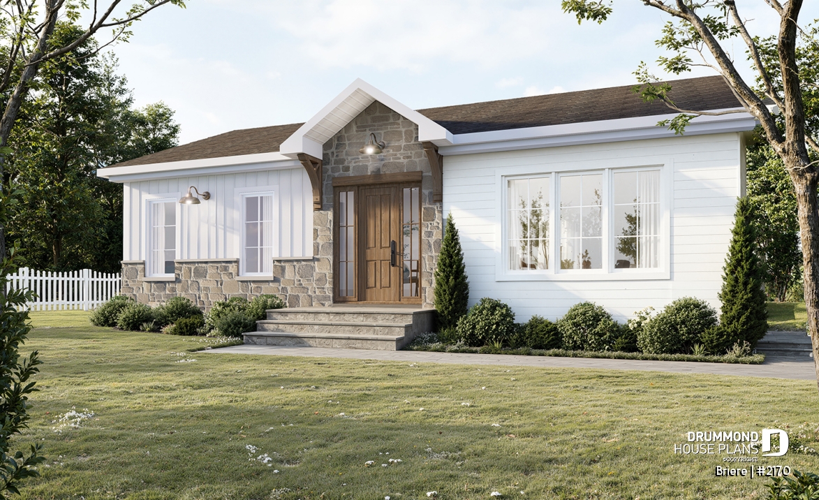 front - BASE MODEL - Affordable bungalow house plan, 2 to 4 bedrooms, optional finished basement ($), kitchen island - Briere