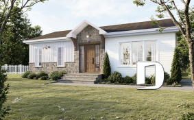 front - BASE MODEL - Affordable bungalow house plan with 2 bedrooms, unfinished daylight basement, kitchen island - Briere