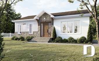 front - BASE MODEL - Affordable bungalow house plan, 2 to 4 bedrooms, optional finished basement ($), kitchen island - Briere