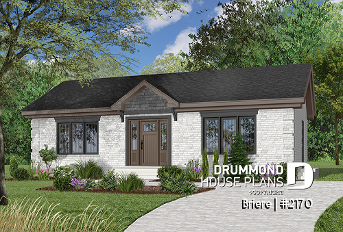 front - BASE MODEL - Affordable bungalow house plan with 2 bedrooms, unfinished daylight basement, kitchen island - Briere