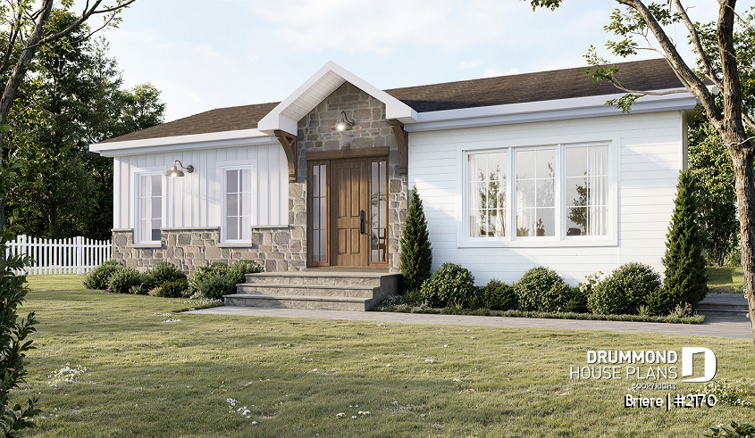 front - BASE MODEL - Affordable bungalow house plan with 2 bedrooms, unfinished daylight basement, kitchen island - Briere