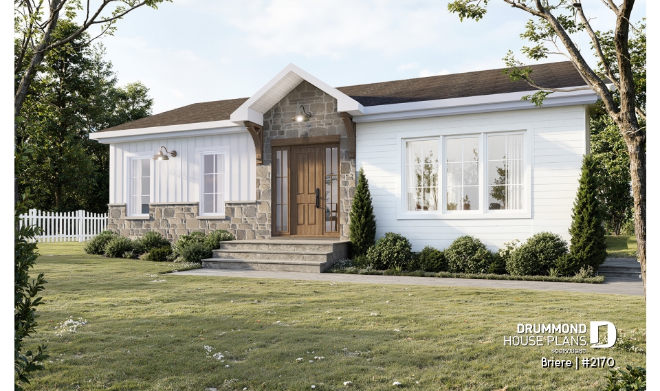 front - BASE MODEL - Affordable bungalow house plan, 2 to 4 bedrooms, optional finished basement ($), kitchen island - Briere