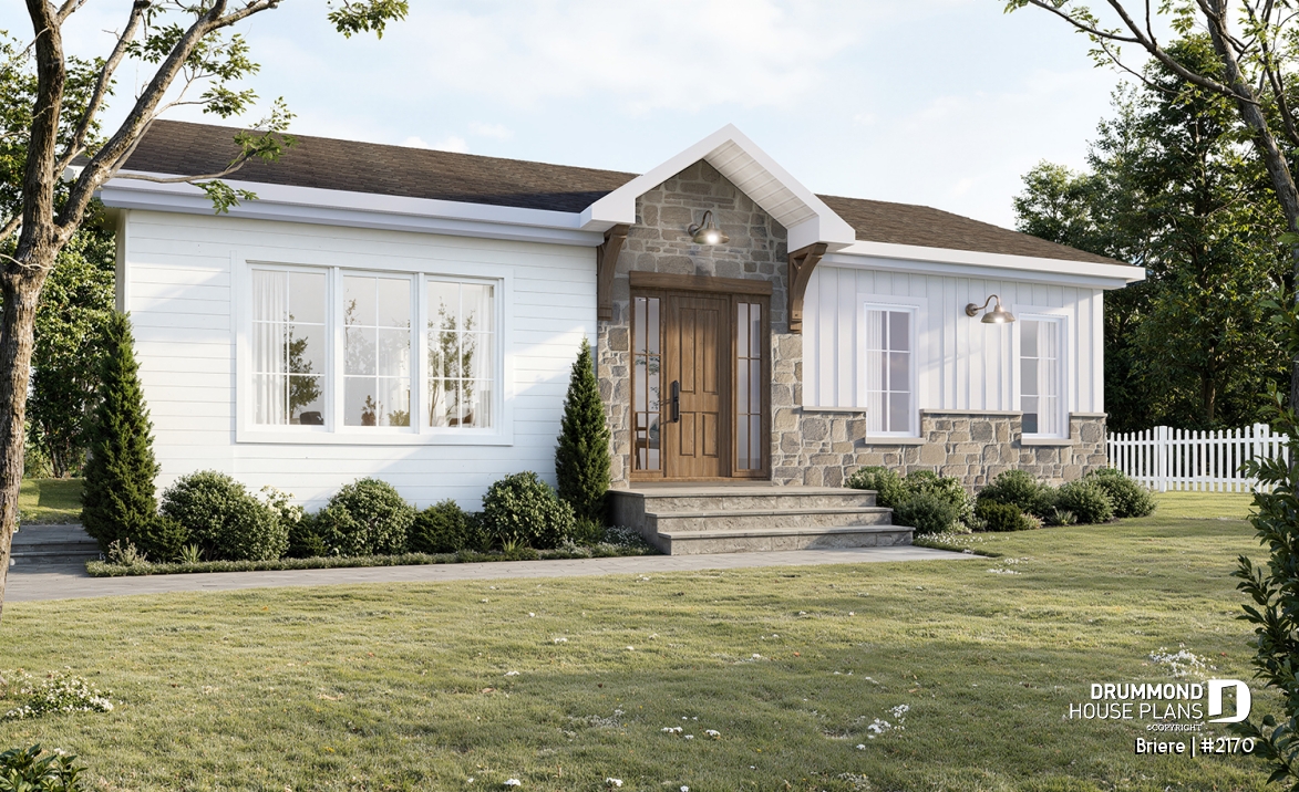 front - BASE MODEL - Affordable bungalow house plan, 2 to 4 bedrooms, optional finished basement ($), kitchen island - Briere