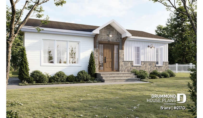front - BASE MODEL - Affordable bungalow house plan with 2 bedrooms, unfinished daylight basement, kitchen island - Briere