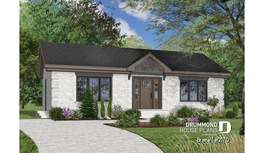 front - BASE MODEL - Affordable bungalow house plan with 2 bedrooms, unfinished daylight basement, kitchen island - Briere