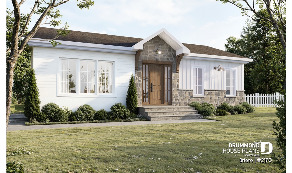 front - BASE MODEL - Affordable bungalow house plan, 2 to 4 bedrooms, optional finished basement ($), kitchen island - Briere
