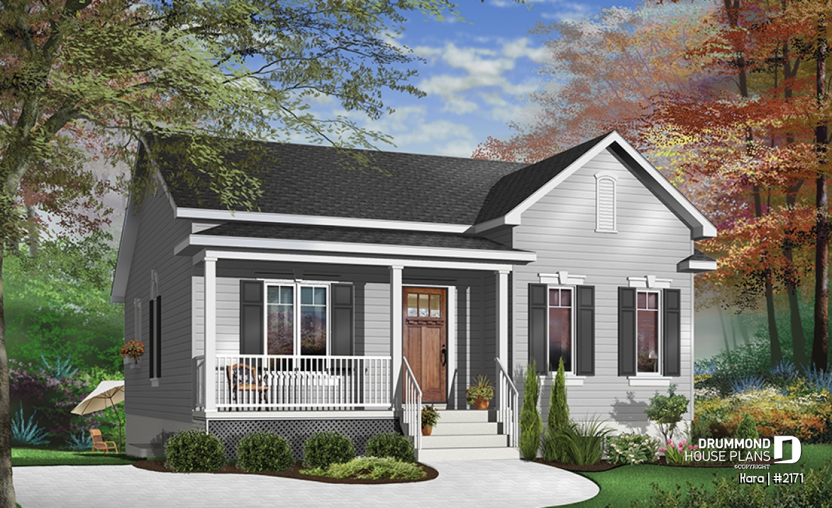 Color version 2 - Front - One-story economical home with open floor plan, kitchen with island, large full bathroom - Kara