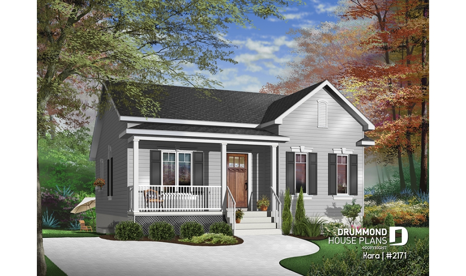 Color version 2 - Front - One-story economical home with open floor plan, kitchen with island, large full bathroom - Kara