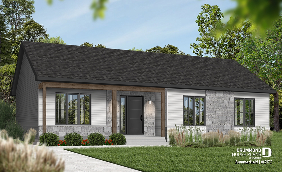 Color version 6 - Front - Classic ranch-style bungalow house plan with 3 bedrooms, open layout and covered front porch - Summerfield