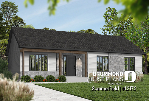 Color version 6 - Front - Classic ranch-style bungalow house plan with 3 bedrooms, open layout and covered front porch - Summerfield