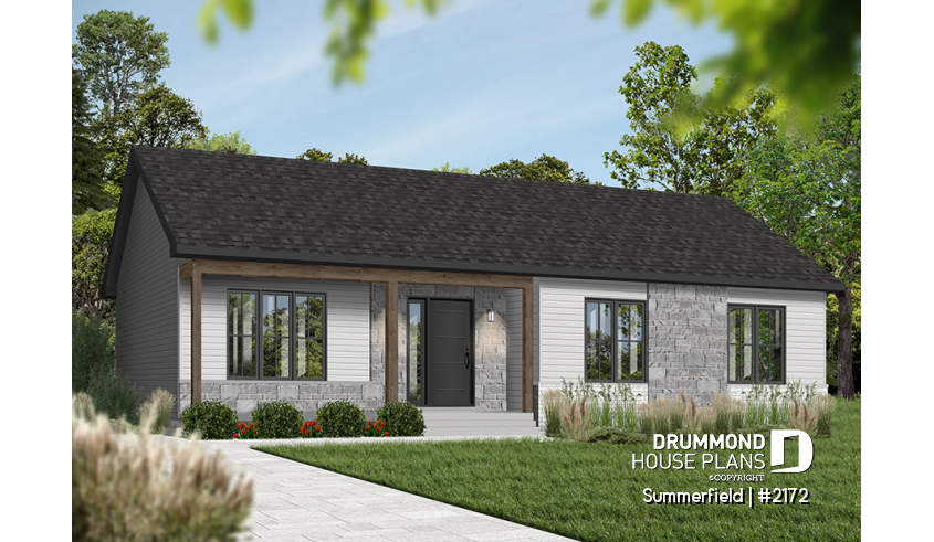 Color version 6 - Front - Classic ranch-style bungalow house plan with 3 bedrooms, open layout and covered front porch - Summerfield