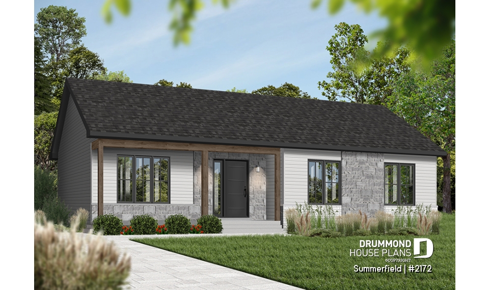 Color version 6 - Front - Classic ranch-style bungalow house plan with 3 bedrooms, open layout and covered front porch - Summerfield