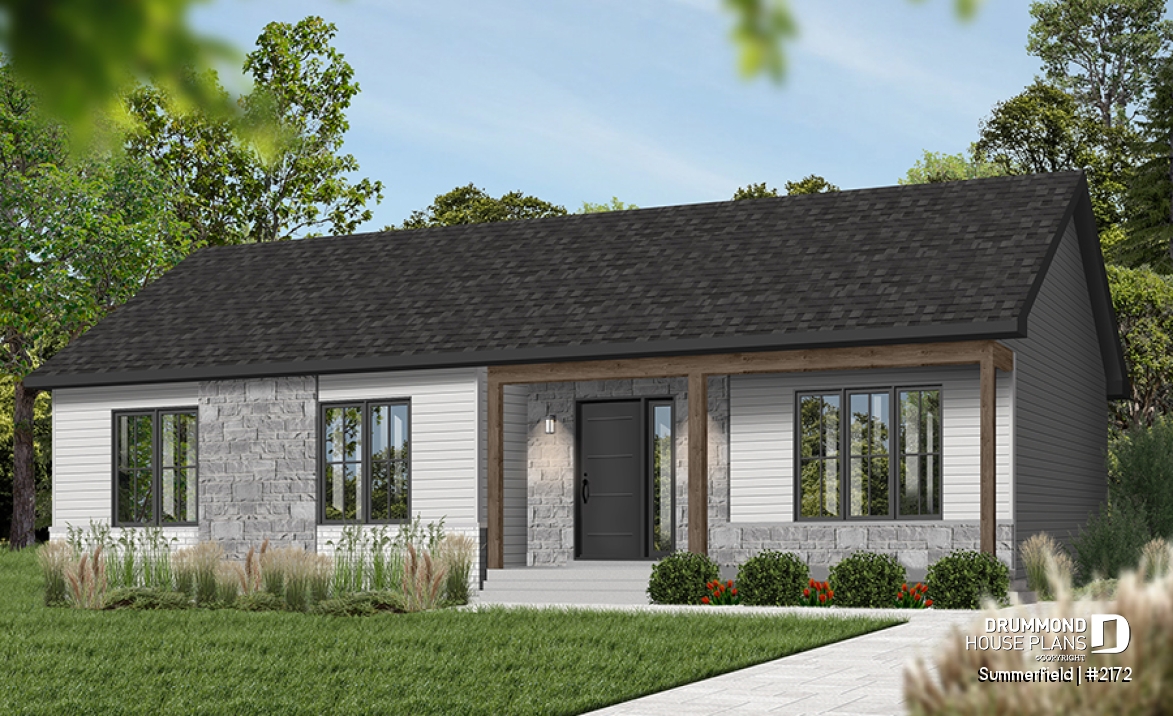Color version 6 - Front - Classic ranch-style bungalow house plan with 3 bedrooms, open layout and covered front porch - Summerfield
