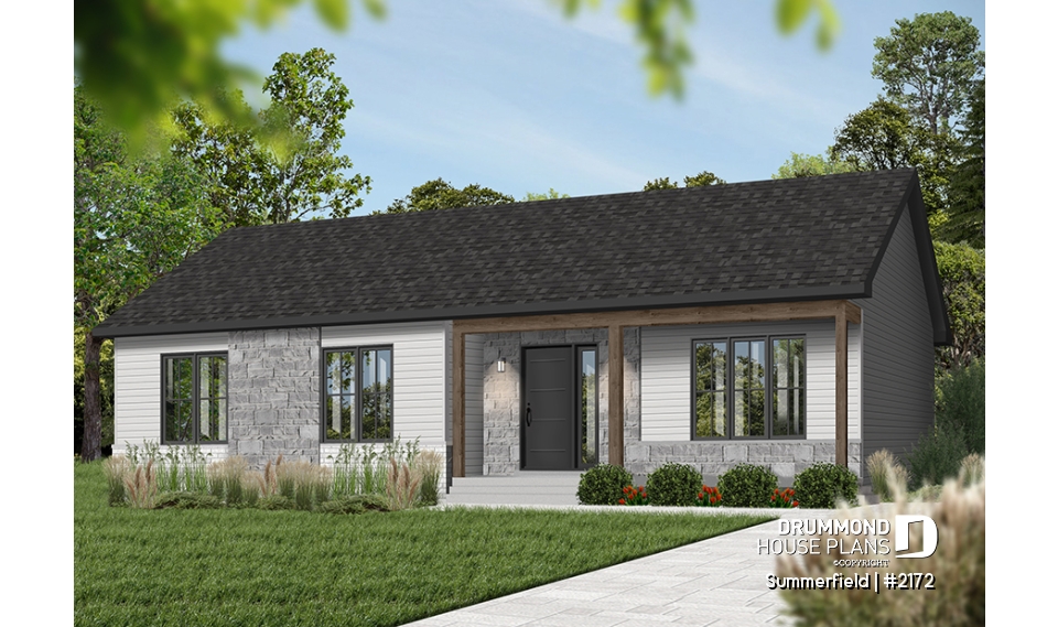Color version 6 - Front - Classic ranch-style bungalow house plan with 3 bedrooms, open layout and covered front porch - Summerfield