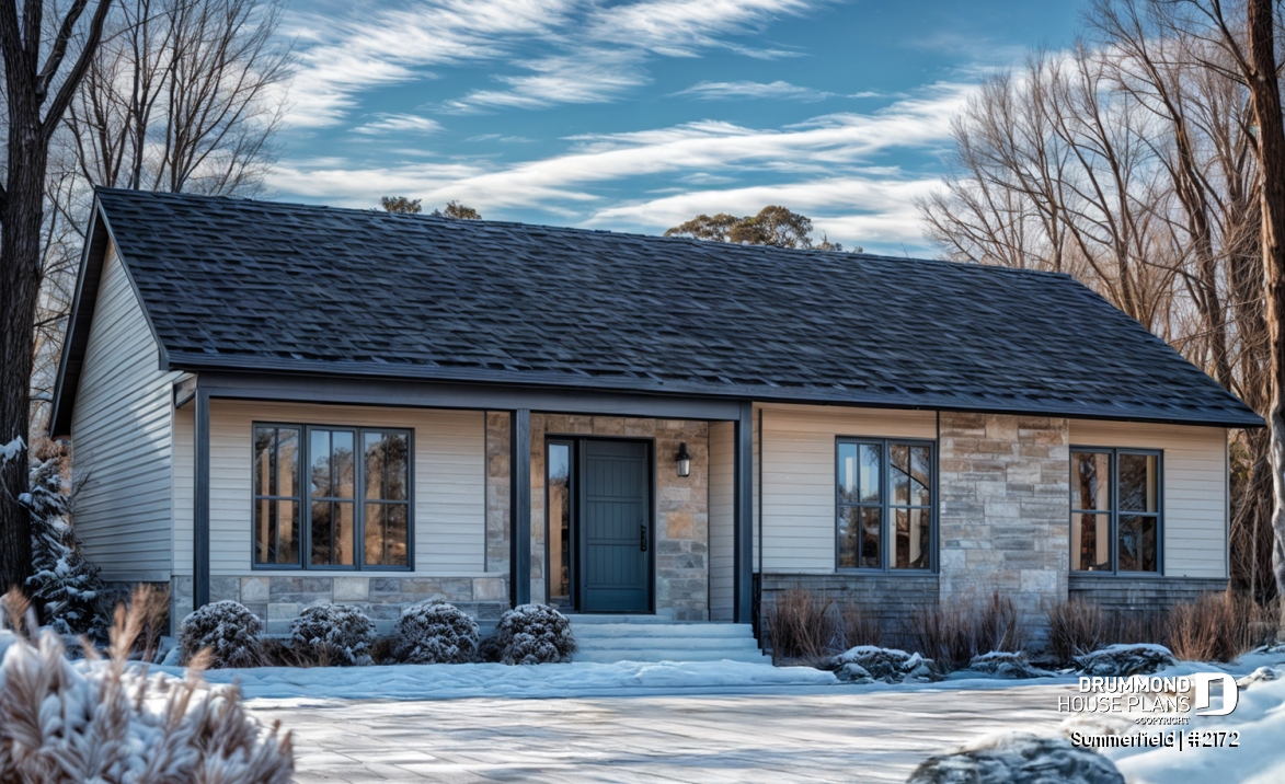 Color version 7 - Front - Classic ranch-style bungalow house plan with 3 bedrooms, open layout and covered front porch - Summerfield