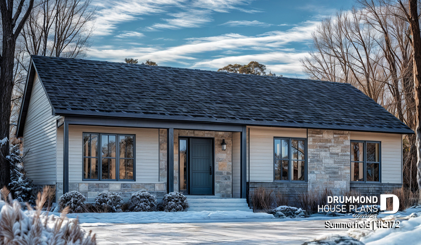 Color version 7 - Front - Classic ranch-style bungalow house plan with 3 bedrooms, open layout and covered front porch - Summerfield