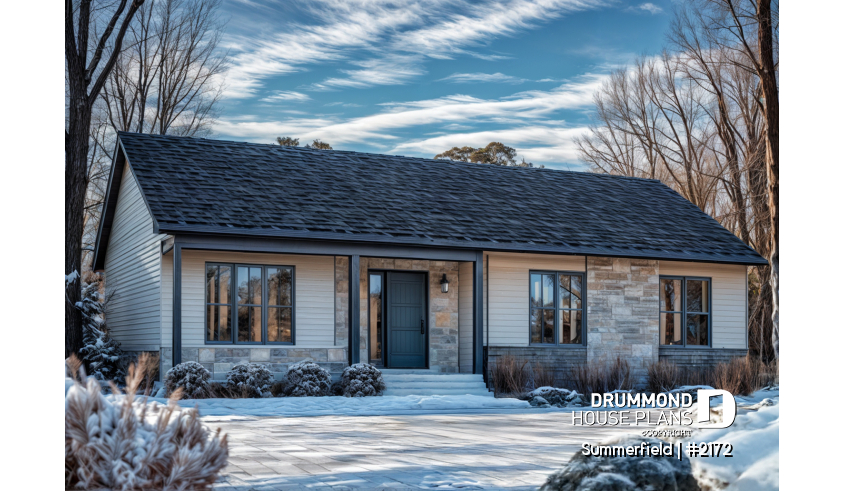Color version 7 - Front - Classic ranch-style bungalow house plan with 3 bedrooms, open layout and covered front porch - Summerfield