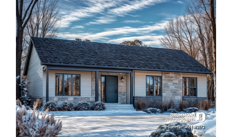 Color version 7 - Front - Classic ranch-style bungalow house plan with 3 bedrooms, open layout and covered front porch - Summerfield