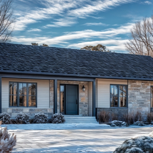 Color version 6 - Front - Classic ranch-style bungalow house plan with 3 bedrooms, open layout and covered front porch - Summerfield
