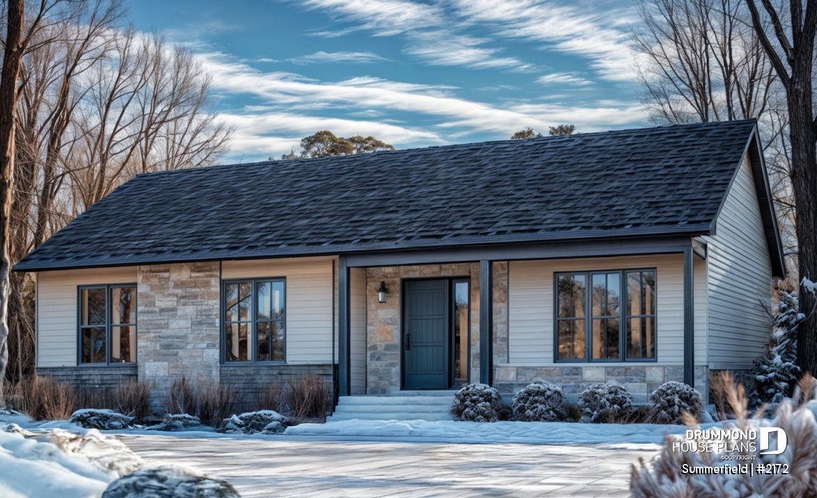 Color version 7 - Front - Classic ranch-style bungalow house plan with 3 bedrooms, open layout and covered front porch - Summerfield