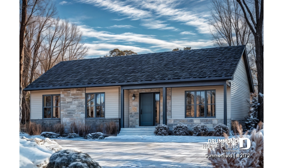 Color version 7 - Front - Classic ranch-style bungalow house plan with 3 bedrooms, open layout and covered front porch - Summerfield