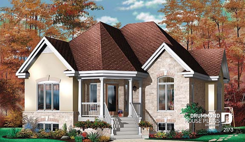 front - BASE MODEL - One-storey small ranch style house plan, 2 bedrooms. large family room with fireplace - Maple