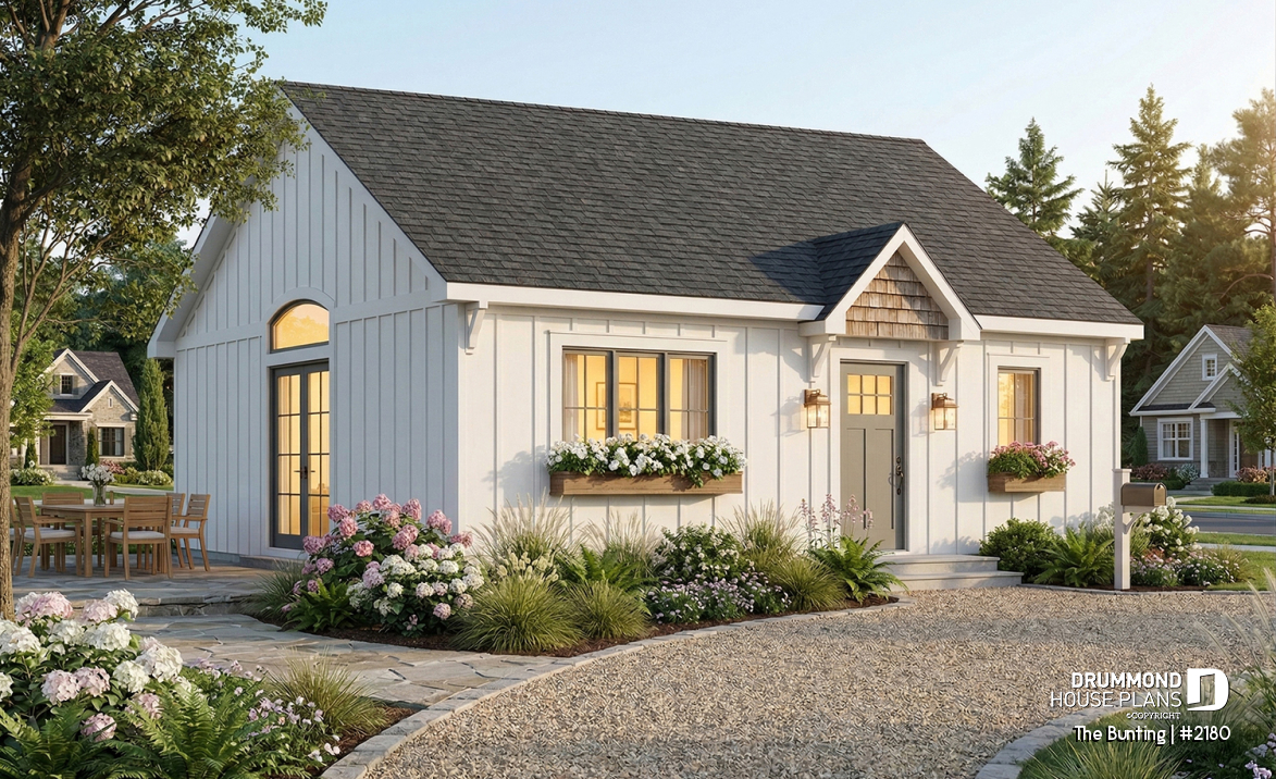 front - BASE MODEL - Affordable small farmhouse house plan, bright single-story design ideal for first-time buyers and budget build - The Bunting