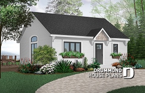 front - BASE MODEL - Low budget cabin style home with one bedroom, cathedral ceiling, open floor plan concept, laundry room - The Bunting