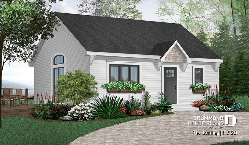 front - BASE MODEL - Low budget cabin style home with one bedroom, cathedral ceiling, open floor plan concept, laundry room - The Bunting