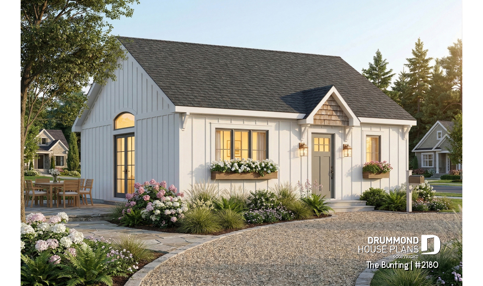 front - BASE MODEL - Affordable small farmhouse house plan, bright single-story design ideal for first-time buyers and budget build - The Bunting