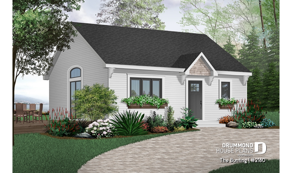 front - BASE MODEL - Low budget cabin style home with one bedroom, cathedral ceiling, open floor plan concept, laundry room - The Bunting