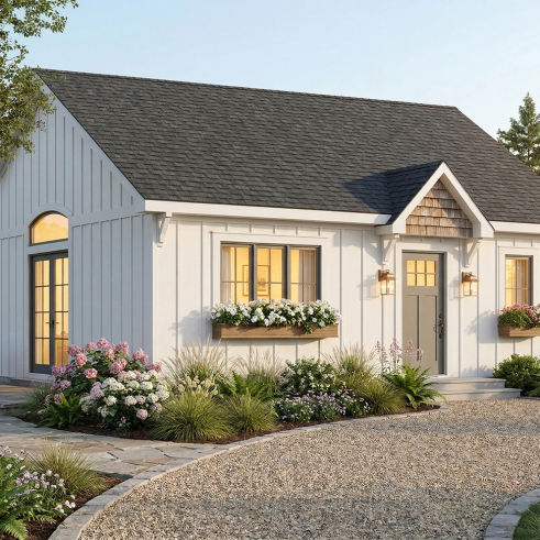 front - BASE MODEL - Affordable small farmhouse house plan, bright single-story design ideal for first-time buyers and budget build - The Bunting