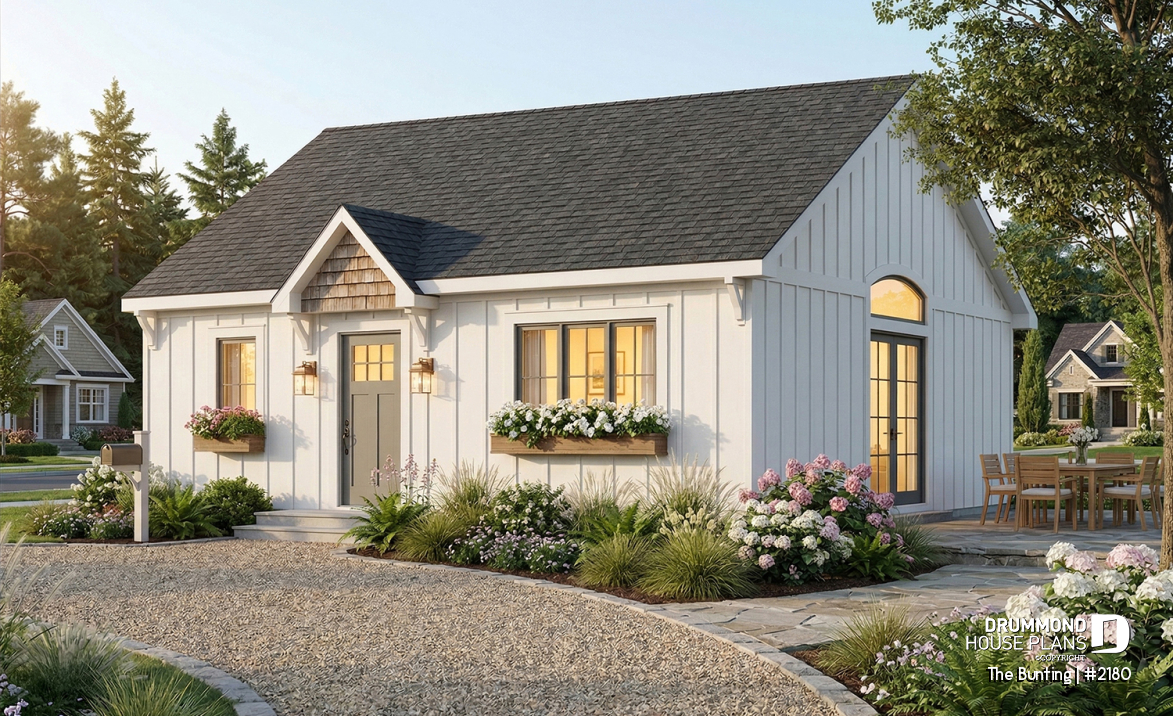 front - BASE MODEL - Affordable small farmhouse house plan, bright single-story design ideal for first-time buyers and budget build - The Bunting