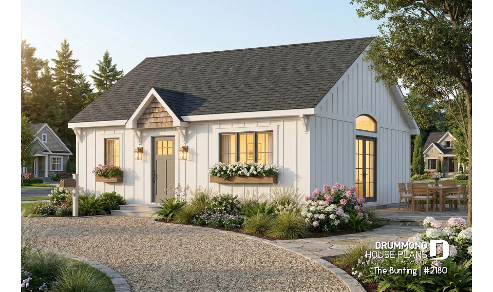 front - BASE MODEL - Affordable small farmhouse house plan, bright single-story design ideal for first-time buyers and budget build - The Bunting