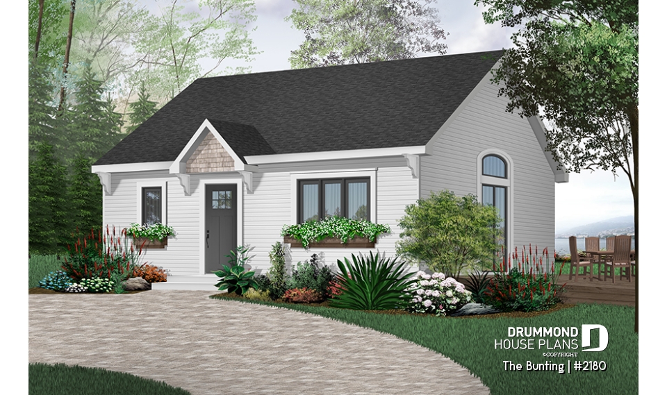 front - BASE MODEL - Low budget cabin style home with one bedroom, cathedral ceiling, open floor plan concept, laundry room - The Bunting