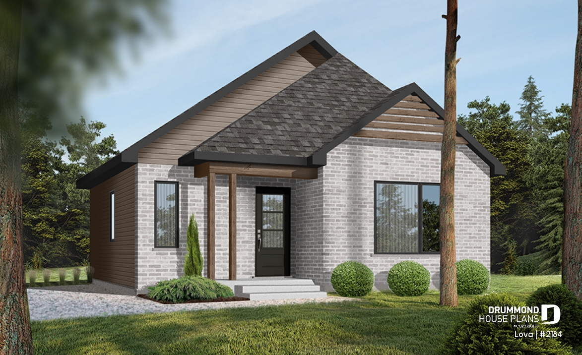 front - BASE MODEL - Affordable small home plan, 2 to 4 bedrooms, open-concept layout, optional finished basement ($) - Lova
