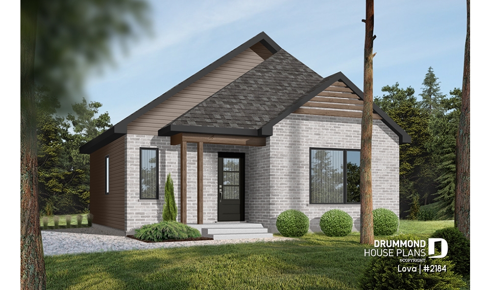 front - BASE MODEL - Affordable small home plan, 2 to 4 bedrooms, open-concept layout, optional finished basement ($) - Lova