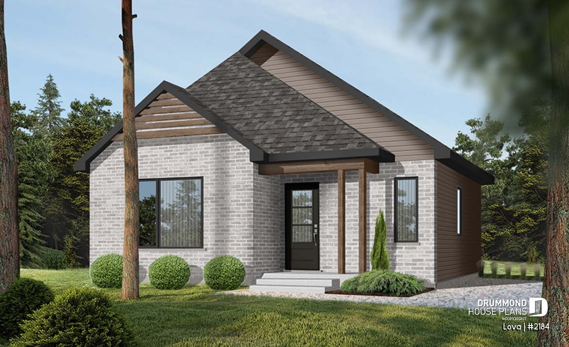 front - BASE MODEL - Affordable small home plan, 2 to 4 bedrooms, open-concept layout, optional finished basement ($) - Lova