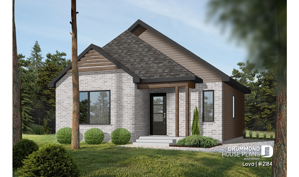 front - BASE MODEL - Affordable small home plan, 2 to 4 bedrooms, open-concept layout, optional finished basement ($) - Lova